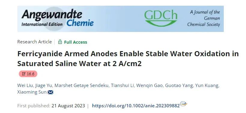 北化工孫曉明最新Angew.：飽和鹽水中水氧化，電流密度達(dá)2 A/cm2!