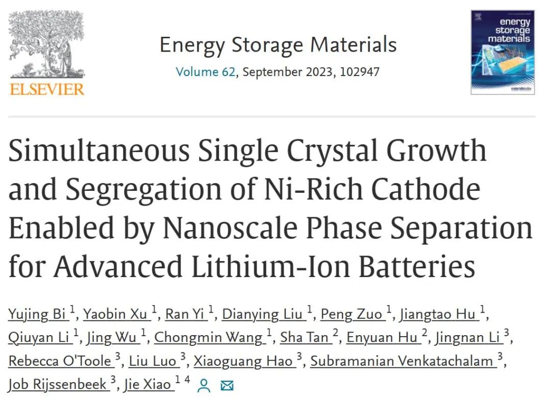 ?肖杰EnSM：通過先進鋰離子電池的納米級相分離實現(xiàn)富鎳正極的單晶生長和偏析
