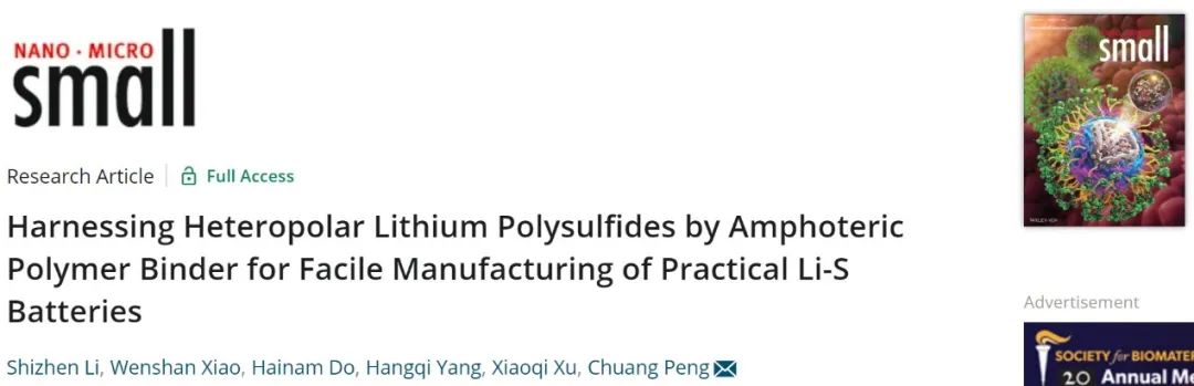 武大彭創(chuàng)Small：兩性聚合物粘結劑助力實用鋰硫電池