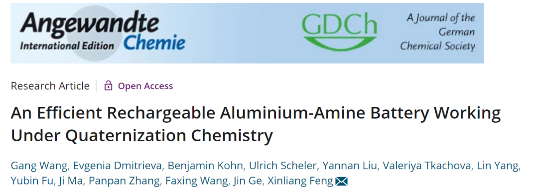 馮新亮院士Angew: 創(chuàng)紀錄！高達94.2%能效的可充電鋁胺電池！