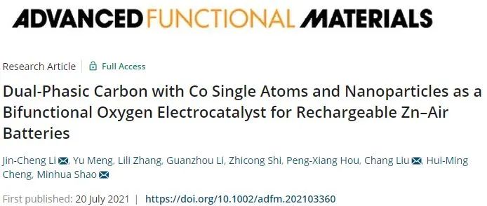 邵敏華/劉暢/李金成AFM: 雙相碳用于可充電鋅-空電池的雙功能氧電催化劑