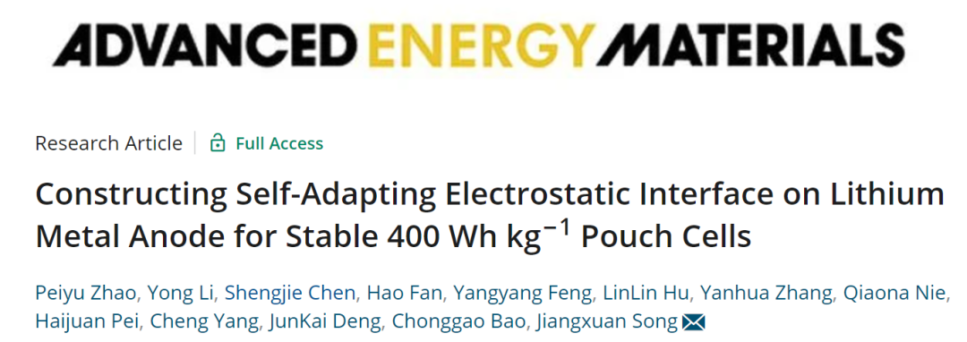西交宋江選AEM: 在鋰負(fù)極構(gòu)建自適應(yīng)靜電界面實(shí)現(xiàn)400 Wh/kg軟包電池！