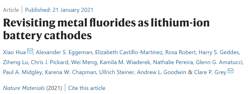 重磅！劍橋大學最新Nature Materials：金屬氟化物的鋰化新機制