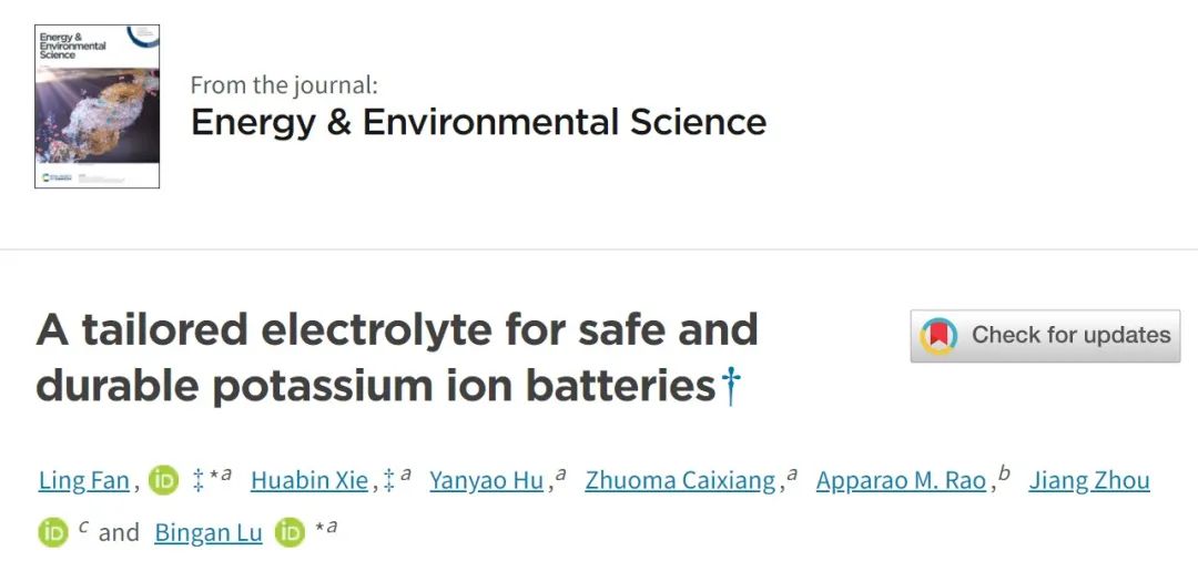 湖大魯兵安&樊令EES：運行時間超過2年的不燃鉀離子電池！