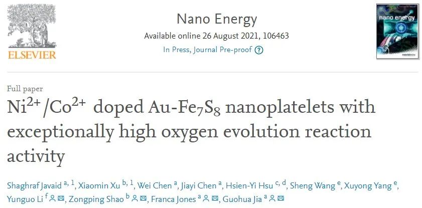 Nano Energy: Ni2+/Co2+摻雜的Au-Fe7S8納米片具有極高的OER活性
