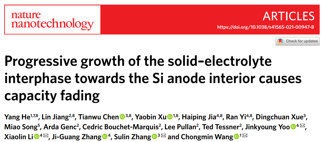 三單位聯(lián)發(fā)Nature nanotechnol.: 冷凍電鏡立功！揭示SEI向Si負(fù)極內(nèi)部的逐漸生長(zhǎng)導(dǎo)致容量衰減