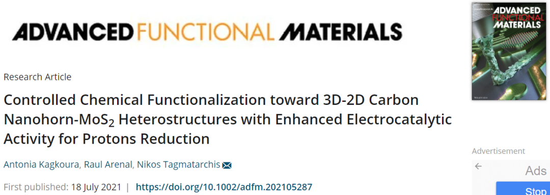 AFM：3D-2D CNH-MoS2異質(zhì)結(jié)構(gòu)的可控化學(xué)功能化及其對(duì)質(zhì)子還原的電催化活性