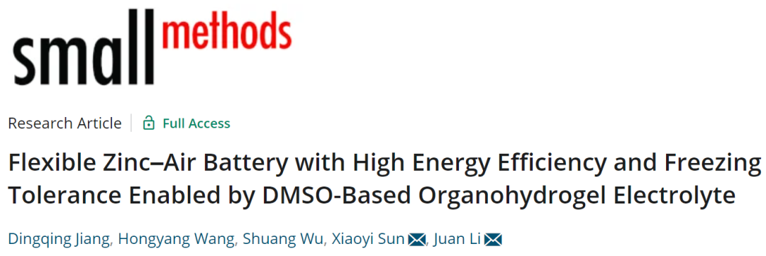 中南李娟/孫曉毅Small Methods：具有高能效和抗凍性的柔性鋅空氣電池